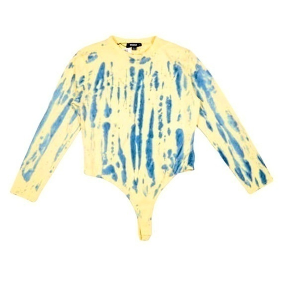 Missguided‎ bodysuit butter yellow blue tie dye cheeky thong long sleeve